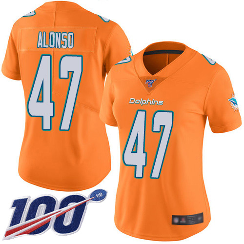 Nike Miami Dolphins #47 Kiko Alonso Orange Women Stitched NFL Limited Rush 100th Season Jersey->women nfl jersey->Women Jersey